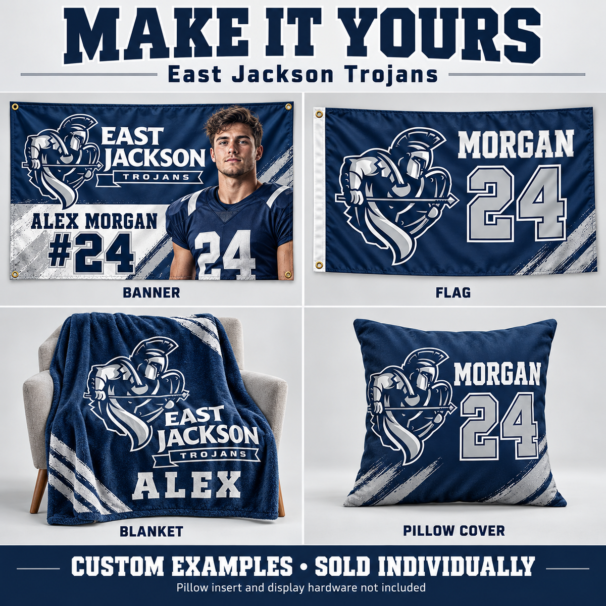 East Jackson Trojans custom product examples — name, photo and jersey number; sold individually