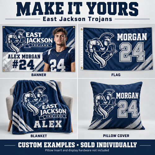 East Jackson Trojans custom product examples — name, photo and jersey number; sold individually