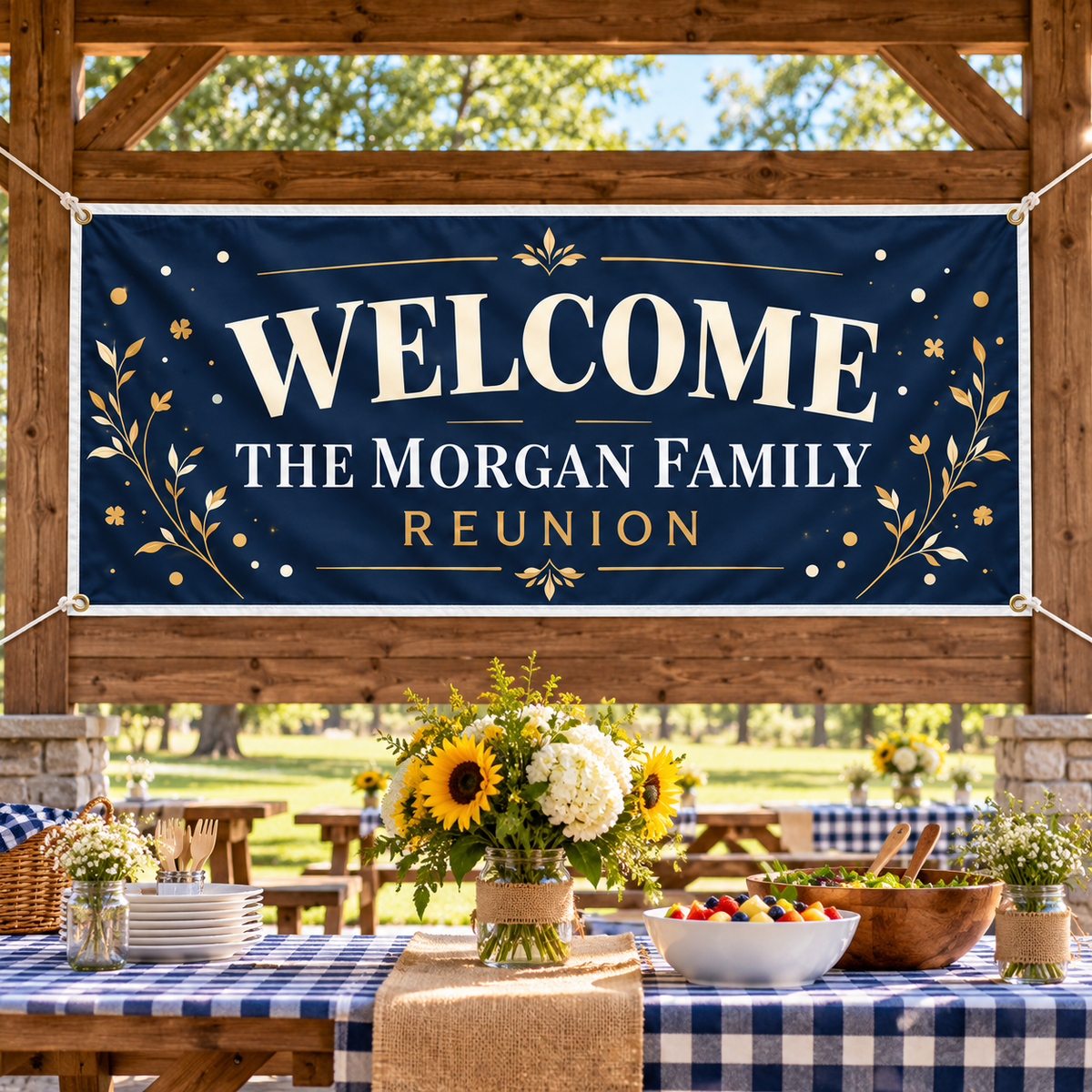 Custom Event & Reunion Banner | 4 × 8 ft shown hung in a picnic pavilion — realistic product mockup