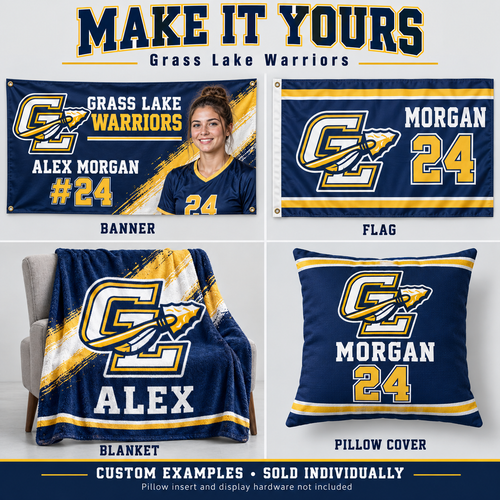 Grass Lake Warriors custom product examples — name, photo and jersey number; sold individually
