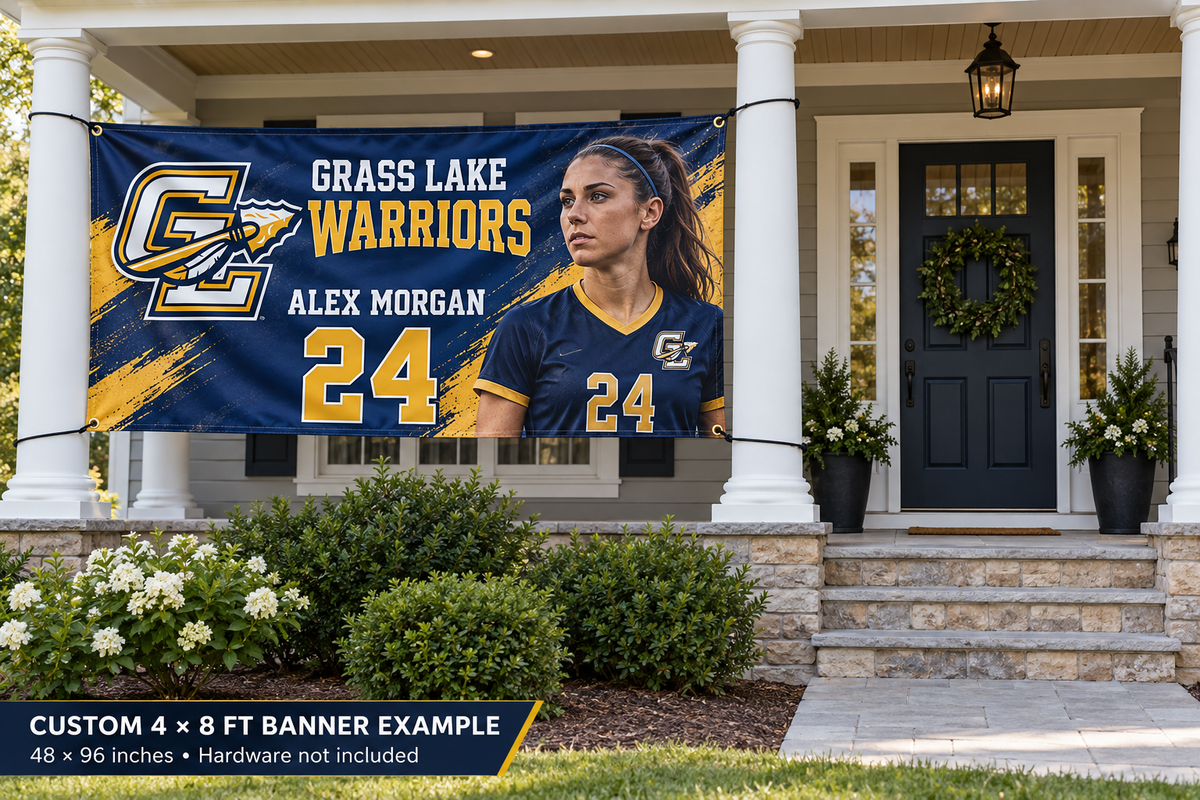 Grass Lake Warriors custom 4 by 8 foot banner example with photo, name and jersey number; four corner grommets secured between porch pillars beside an unobstructed entrance.