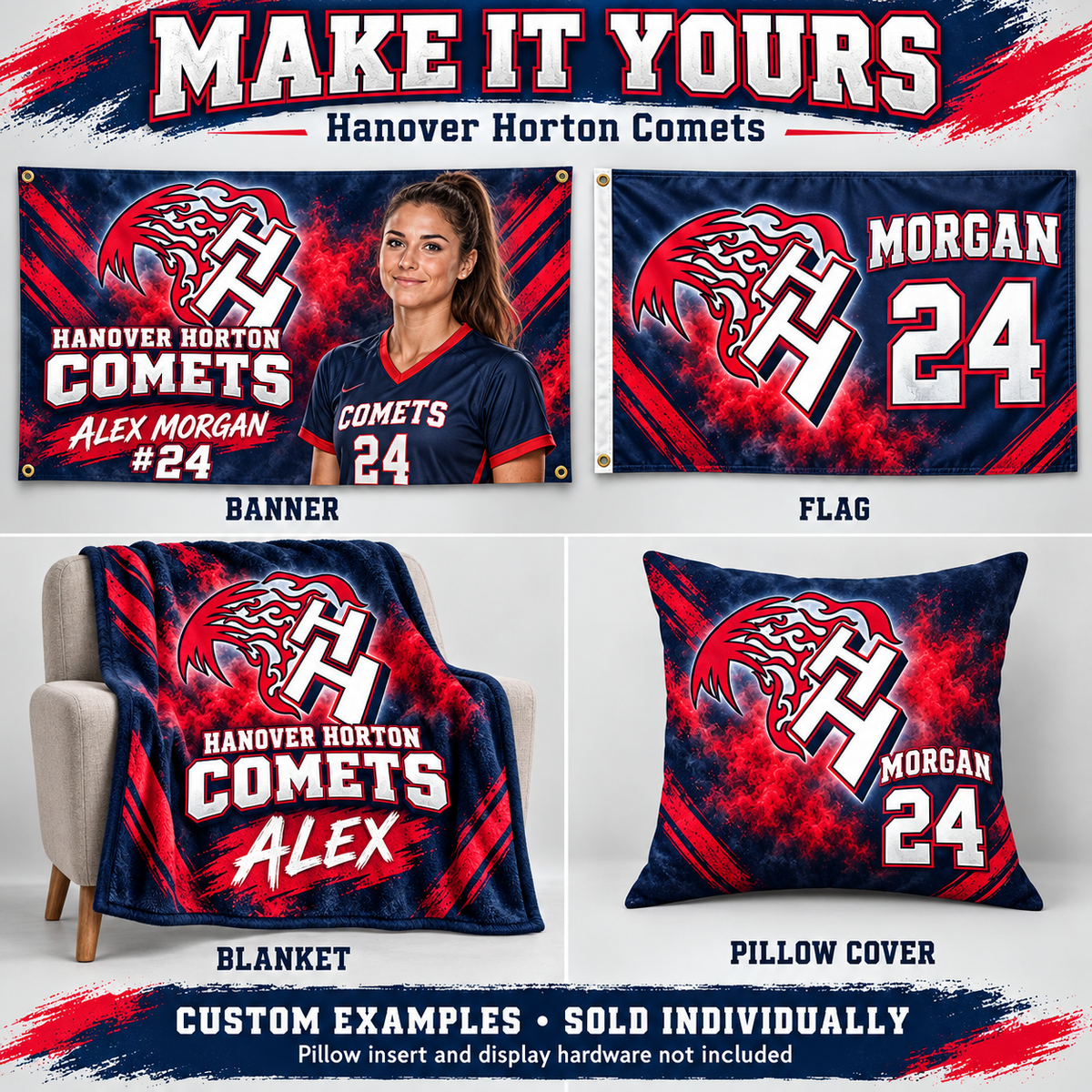 Hanover Horton Comets custom product examples — name, photo and jersey number; sold individually