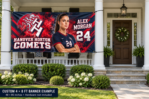 Hanover Horton Comets custom 4 by 8 foot banner example with photo, name and jersey number; four corner grommets secured between porch pillars beside an unobstructed entrance.