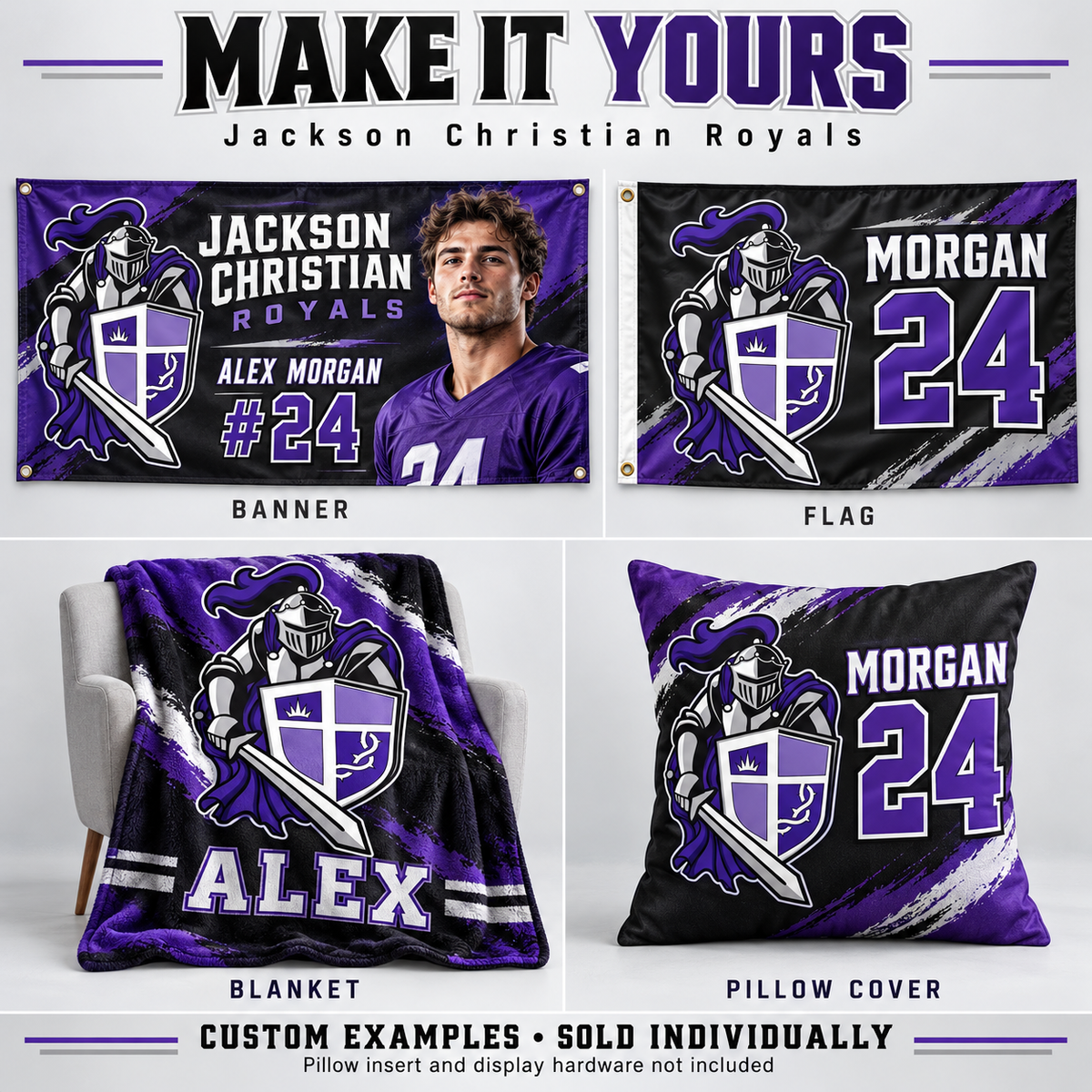 Jackson Christian Royals custom product examples — name, photo and jersey number; sold individually