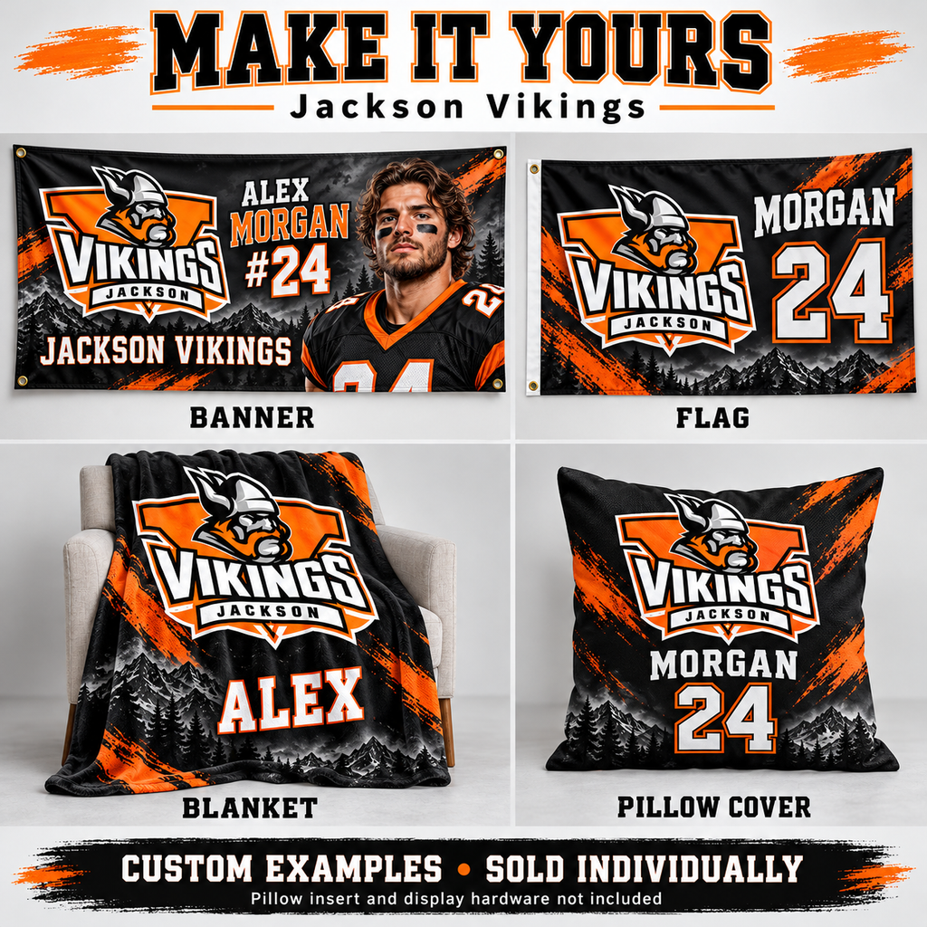 Jackson Vikings custom product examples — name, photo and jersey number; sold individually