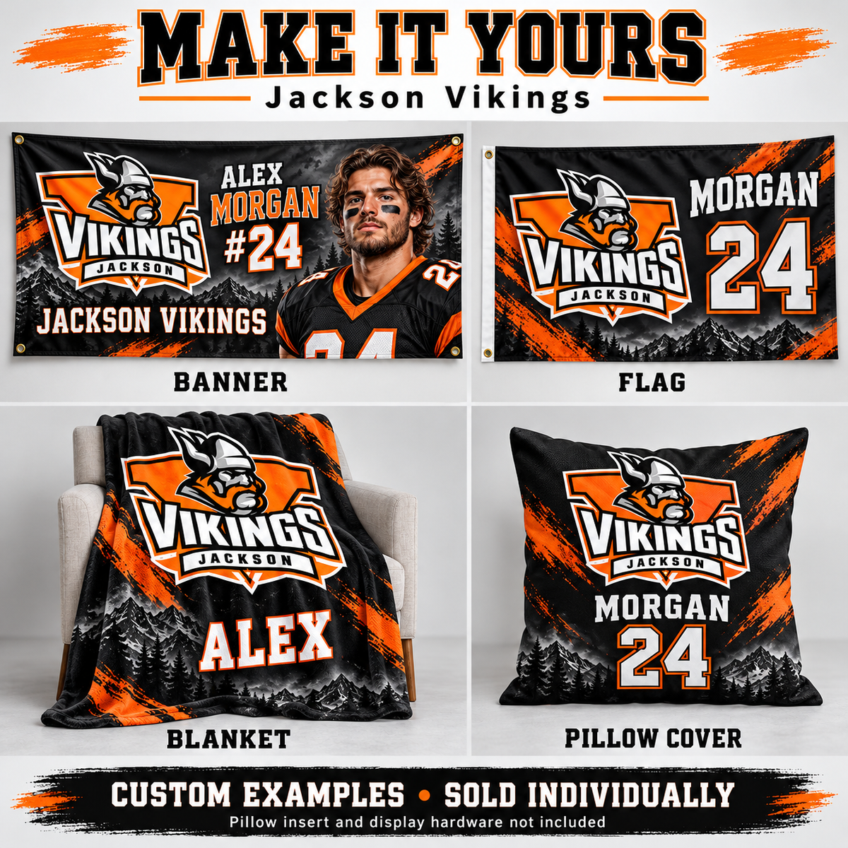 Jackson Vikings custom product examples — name, photo and jersey number; sold individually