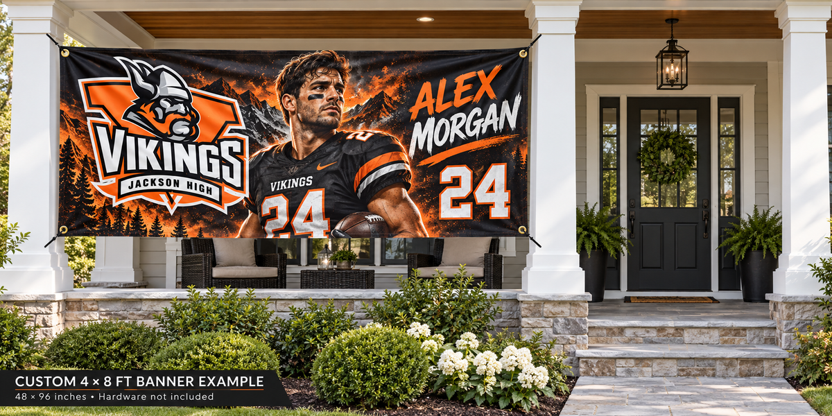 Jackson Vikings custom 4 by 8 foot banner example with photo, name and jersey number; four corner grommets secured between porch pillars beside an unobstructed entrance.