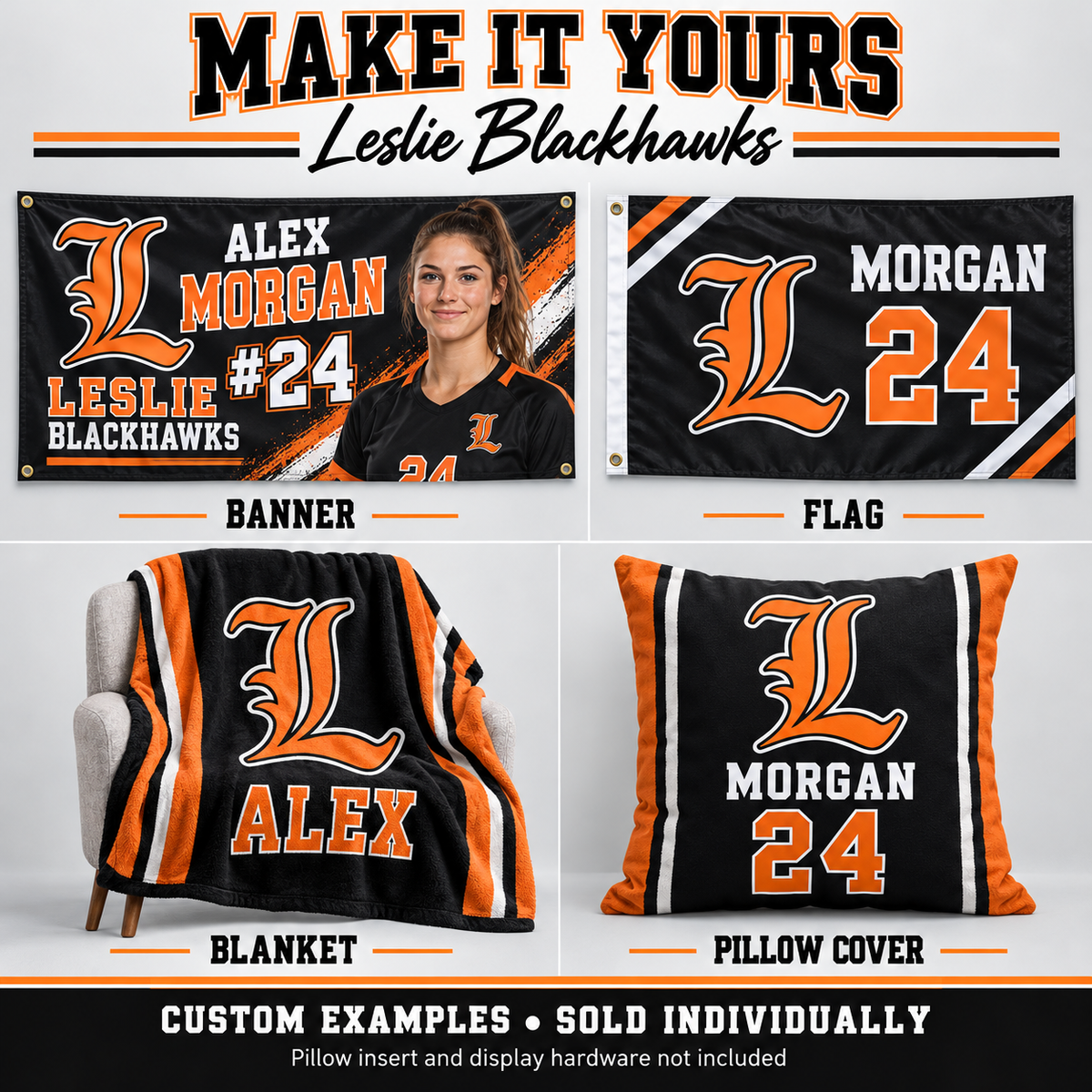 Leslie Blackhawks custom product examples — name, photo and jersey number; sold individually
