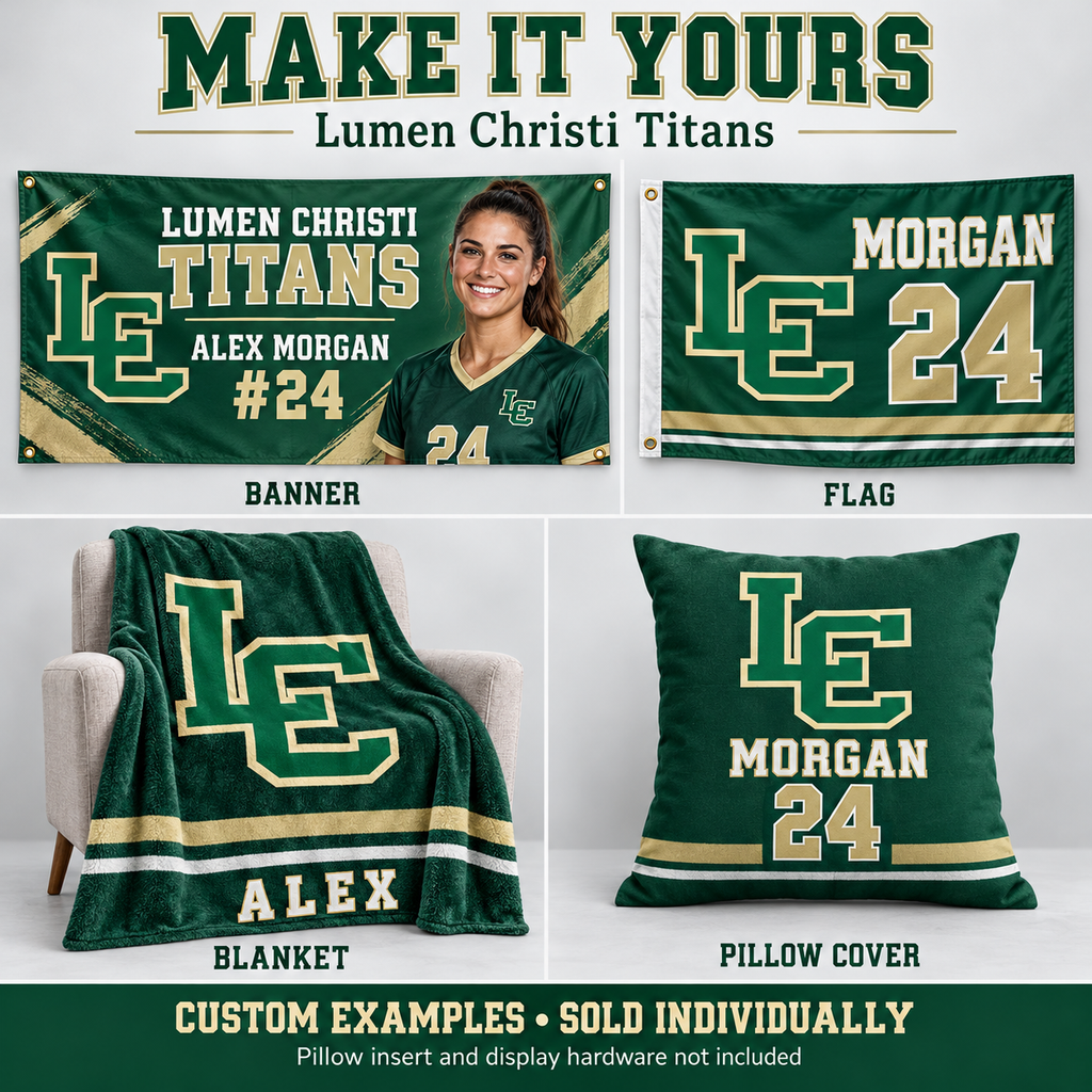 Lumen Christi Titans custom product examples — name, photo and jersey number; sold individually