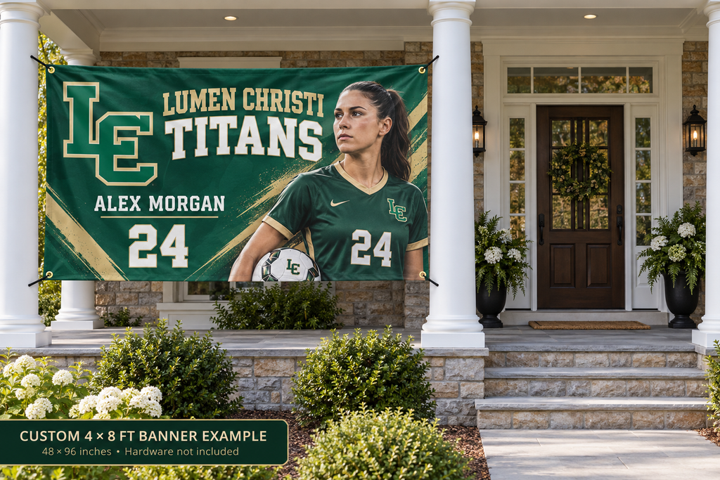 Lumen Christi Titans custom 4 by 8 foot banner example with photo, name and jersey number; four corner grommets secured between porch pillars beside an unobstructed entrance.