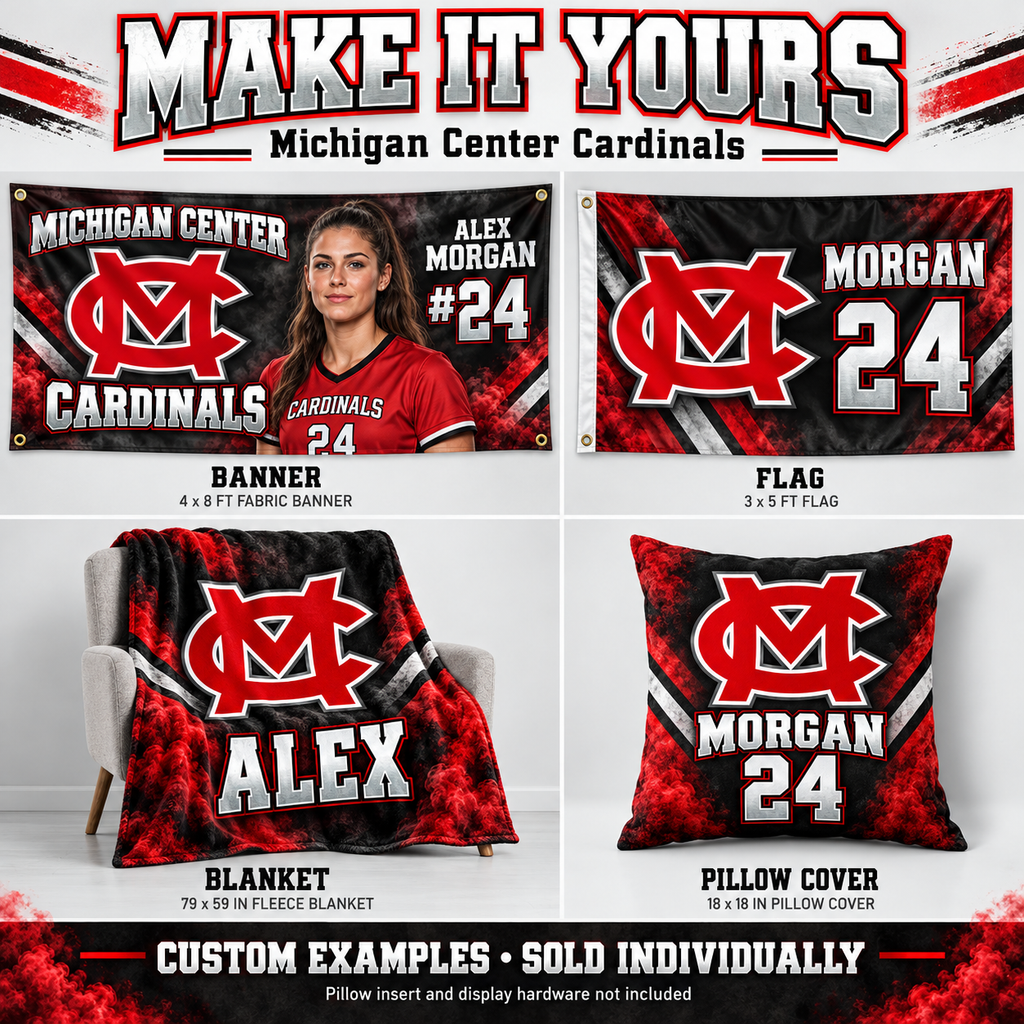 Michigan Center Cardinals custom product examples — name, photo and jersey number; sold individually