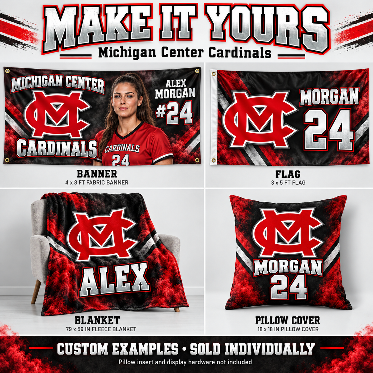 Michigan Center Cardinals custom product examples — name, photo and jersey number; sold individually