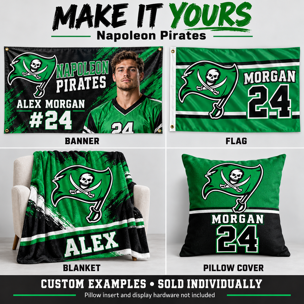 Napoleon Pirates custom product examples — name, photo and jersey number; sold individually