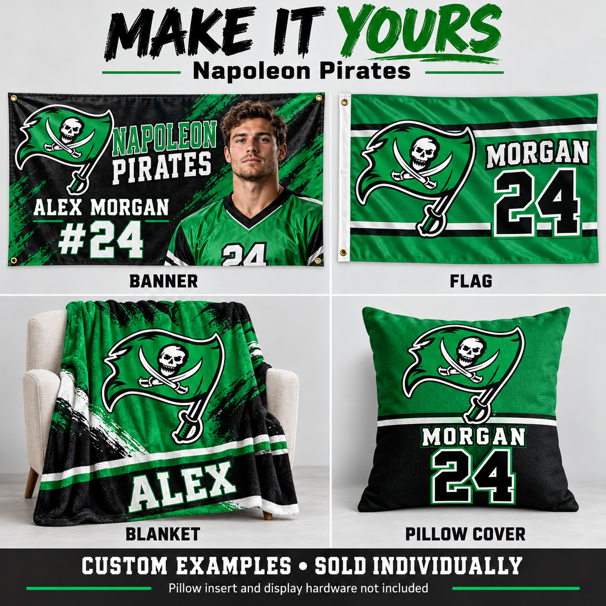 Napoleon Pirates custom product examples — name, photo and jersey number; sold individually