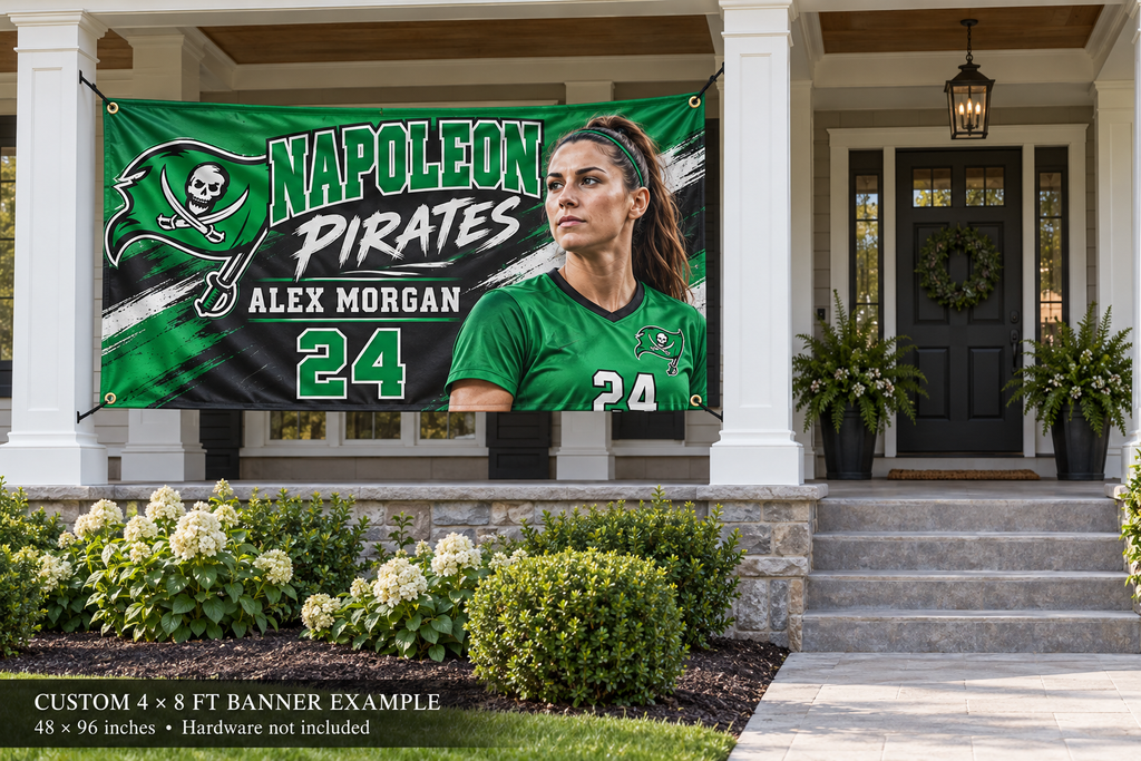 Napoleon Pirates custom 4 by 8 foot banner example with photo, name and jersey number; four corner grommets secured between porch pillars beside an unobstructed entrance.