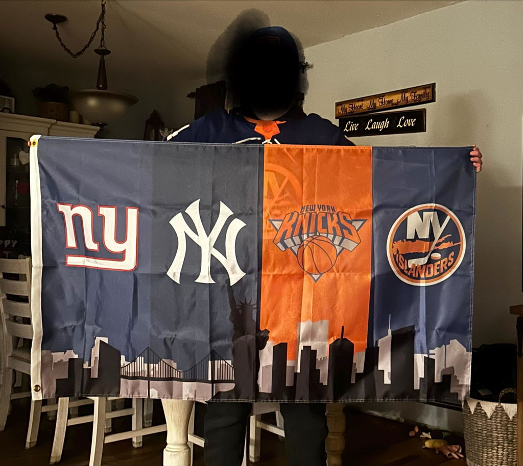 Customer photo of a custom New York sports skyline flag being displayed