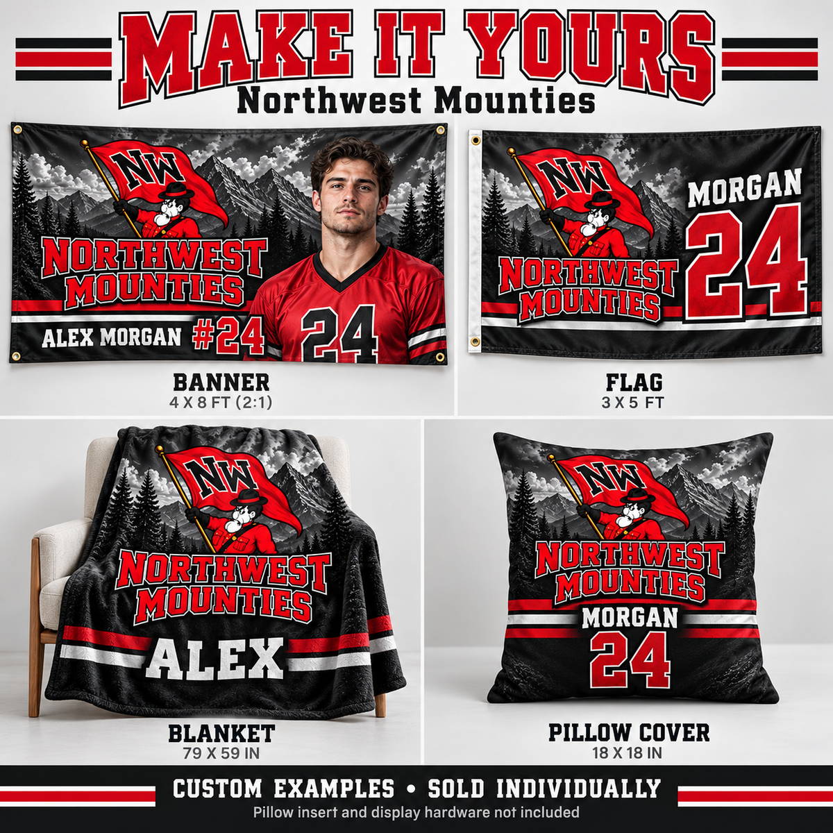 Northwest Mounties custom product examples — name, photo and jersey number; sold individually