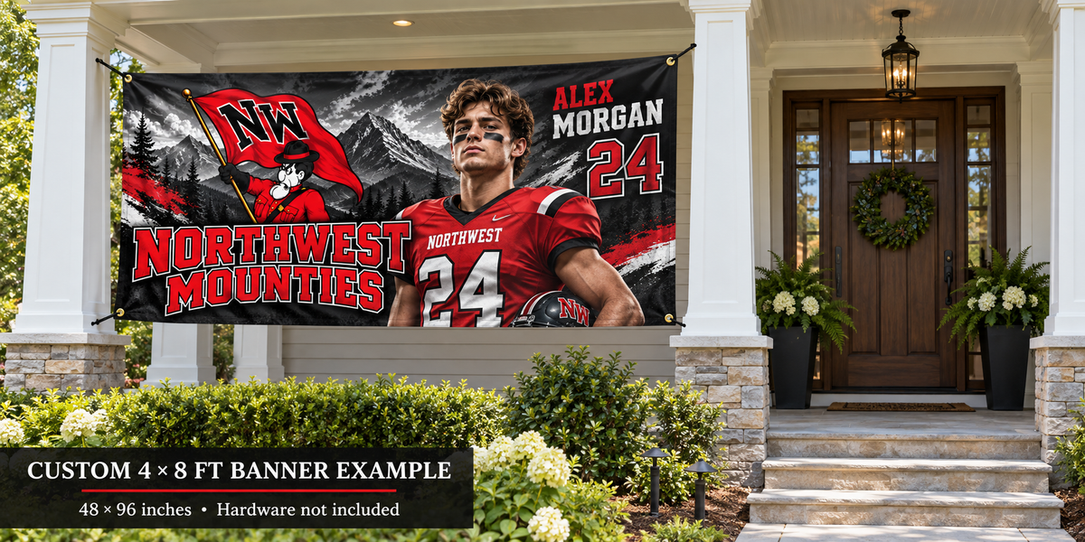 Northwest Mounties custom 4 by 8 foot banner example with photo, name and jersey number; four corner grommets secured between porch pillars beside an unobstructed entrance.