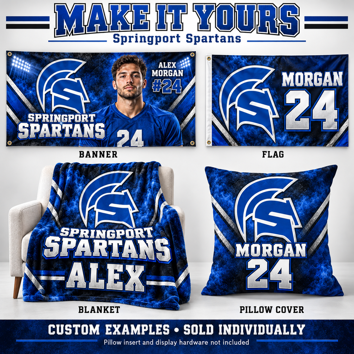 Springport Spartans custom product examples — name, photo and jersey number; sold individually
