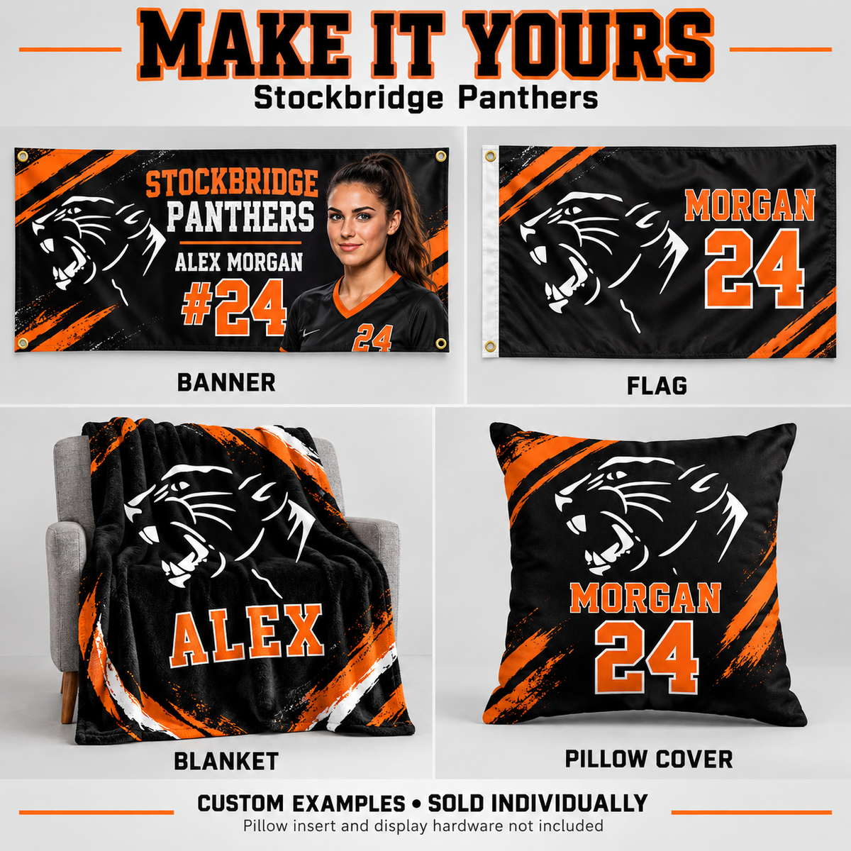 Stockbridge Panthers custom product examples — name, photo and jersey number; sold individually