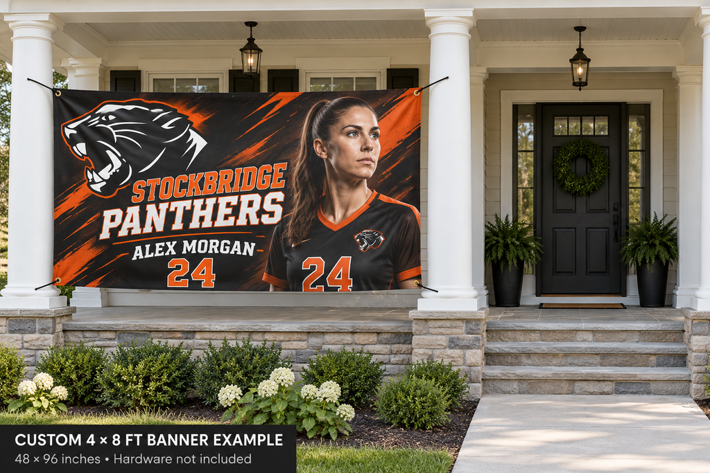 Stockbridge Panthers custom 4 by 8 foot banner example with photo, name and jersey number; four corner grommets secured between porch pillars beside an unobstructed entrance.