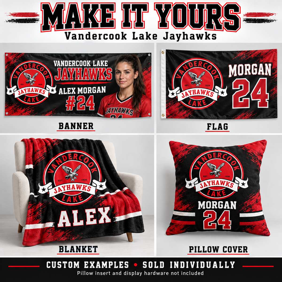 Vandercook Lake Jayhawks custom product examples — name, photo and jersey number; sold individually