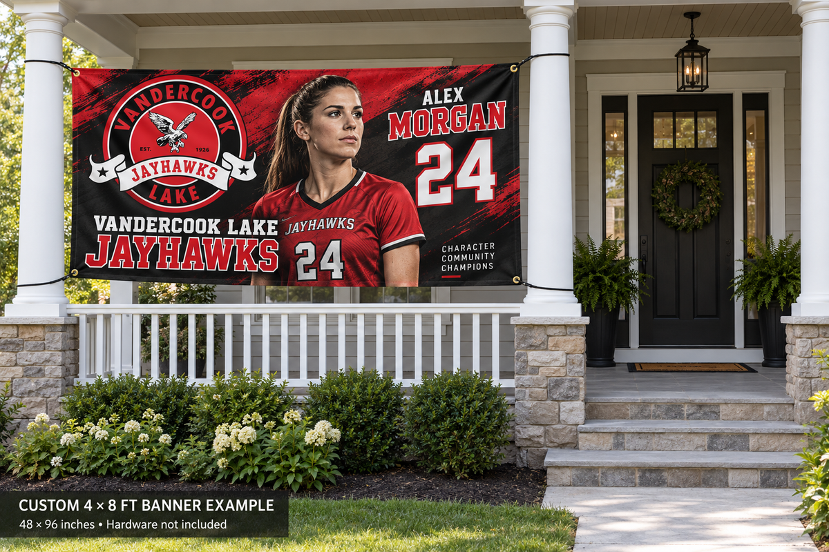 Vandercook Lake Jayhawks custom 4 by 8 foot banner example with photo, name and jersey number; four corner grommets secured between porch pillars beside an unobstructed entrance.