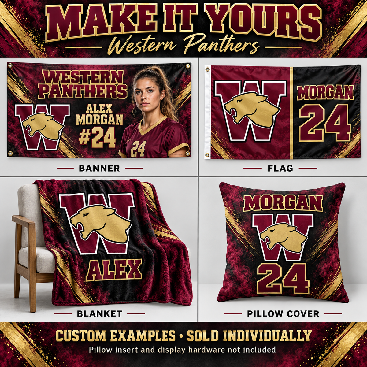 Western Panthers custom product examples — name, photo and jersey number; sold individually