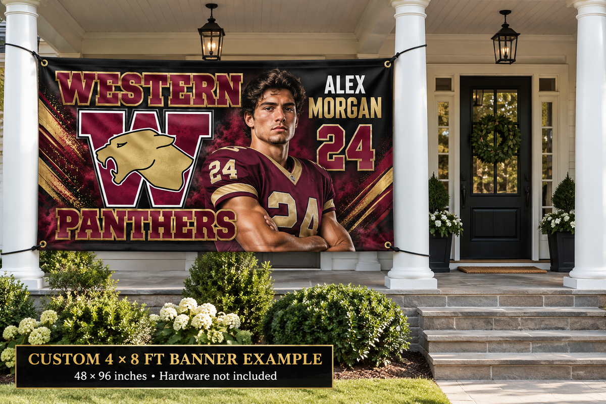Western Panthers custom 4 by 8 foot banner example with photo, name and jersey number; four corner grommets secured between porch pillars beside an unobstructed entrance.