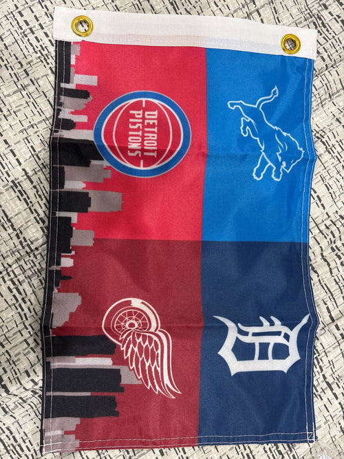 Customer photo of the Detroit four-team boat flag with a two-by-two logo layout