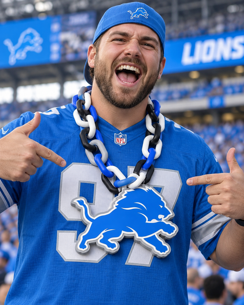 AI-generated lifestyle illustration of a fan wearing the Detroit Lions hype chain; not a customer photo. Refer to actual product photo for design details.