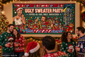 AI-generated Christmas party mockup showing the Die Hard ugly sweater banner on a wall; people, lights and props not included.