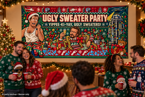 AI-generated Christmas party mockup showing the Die Hard ugly sweater banner on a wall; people, lights and props not included.