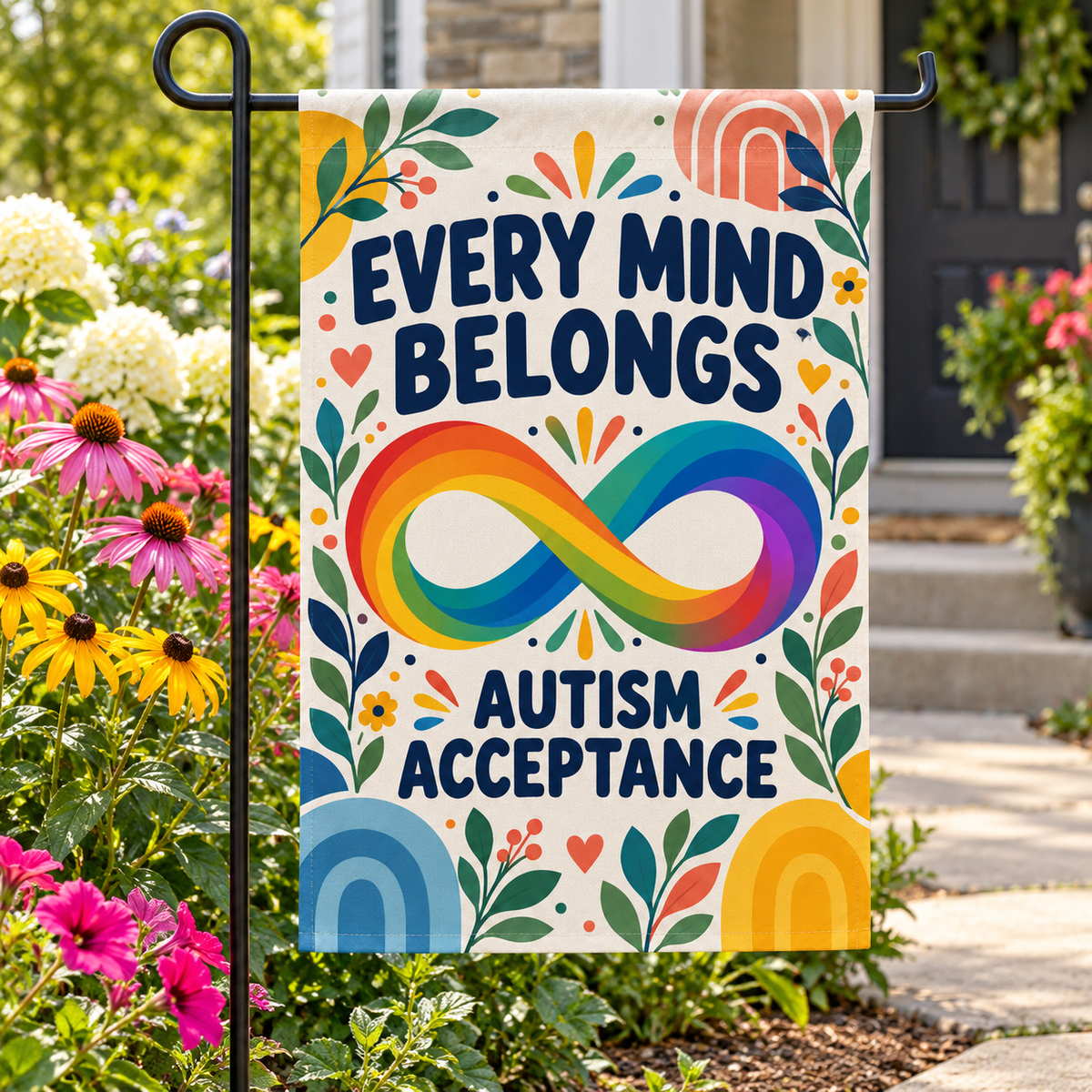 Every Mind Belongs Garden Flag | Autism Acceptance shown on a garden flag stand — realistic product mockup