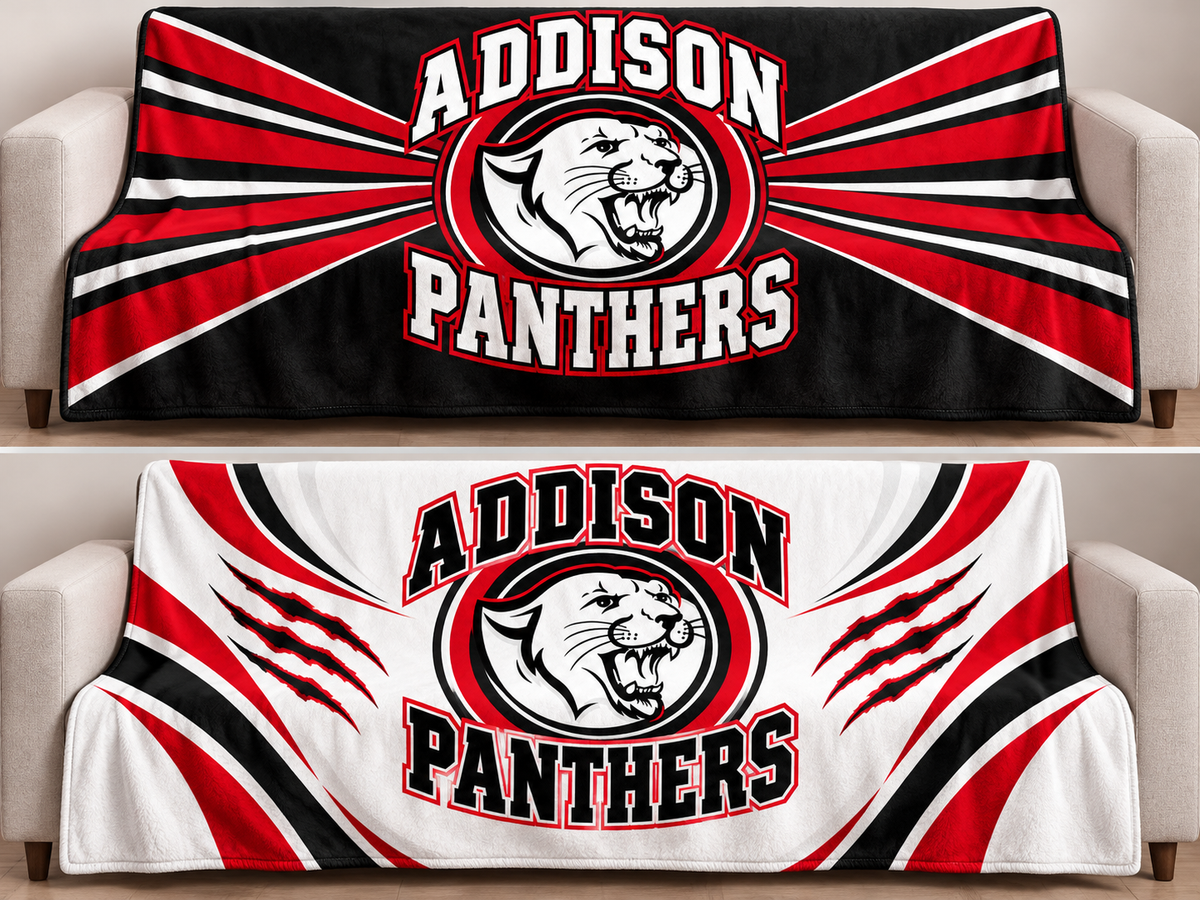 Addison Panthers 79 by 59 inch blanket mockups, black design above and white design below; choose one design