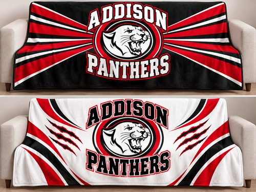 Addison Panthers 79 by 59 inch blanket mockups, black design above and white design below; choose one design