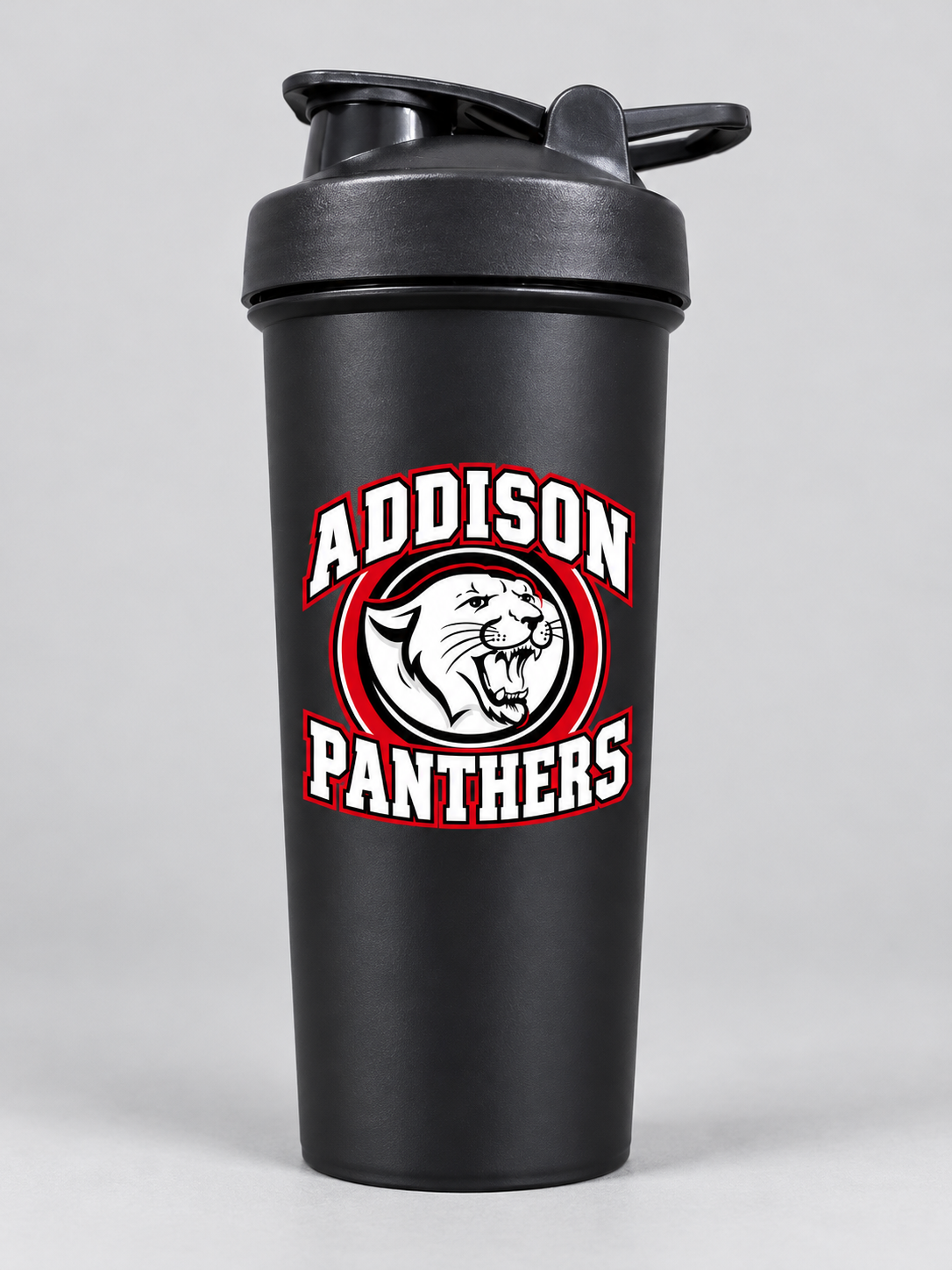 Addison Panthers black shaker cup mockup; listing is a bulk pack of 120 matching cups