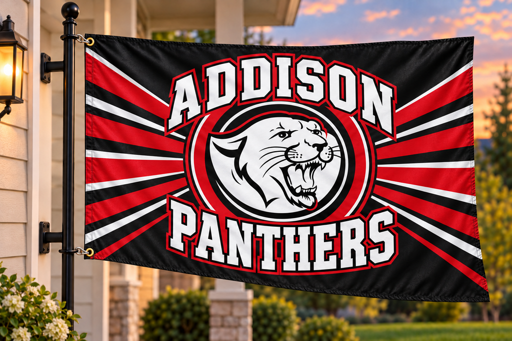 Addison Panthers flag mockup with both left grommets clipped directly to house-mounted pole