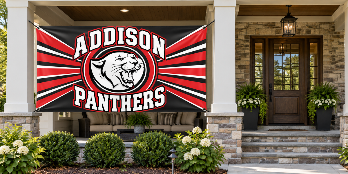 Addison Panthers 4 ft by 8 ft banner mockup with four corner grommets in side porch bay, leaving entrance clear