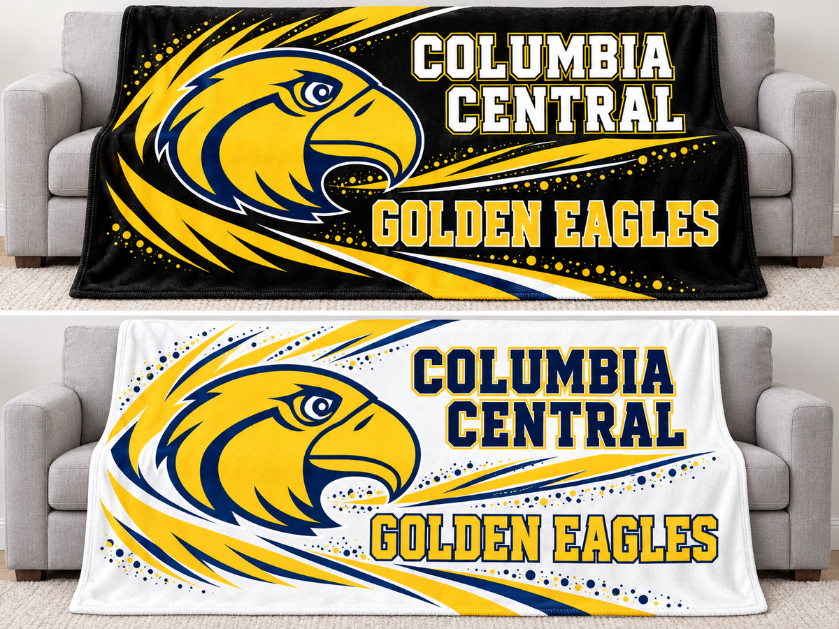 Columbia Central Golden Eagles 79 by 59 inch blanket mockups, black design above and white design below; choose one design
