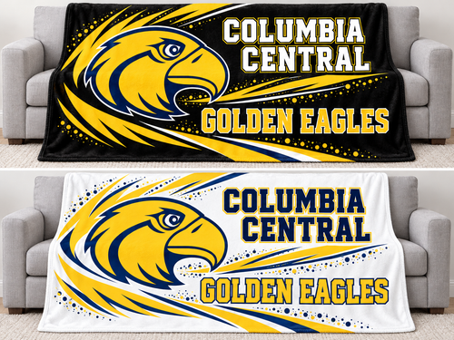 Columbia Central Golden Eagles 79 by 59 inch blanket mockups, black design above and white design below; choose one design