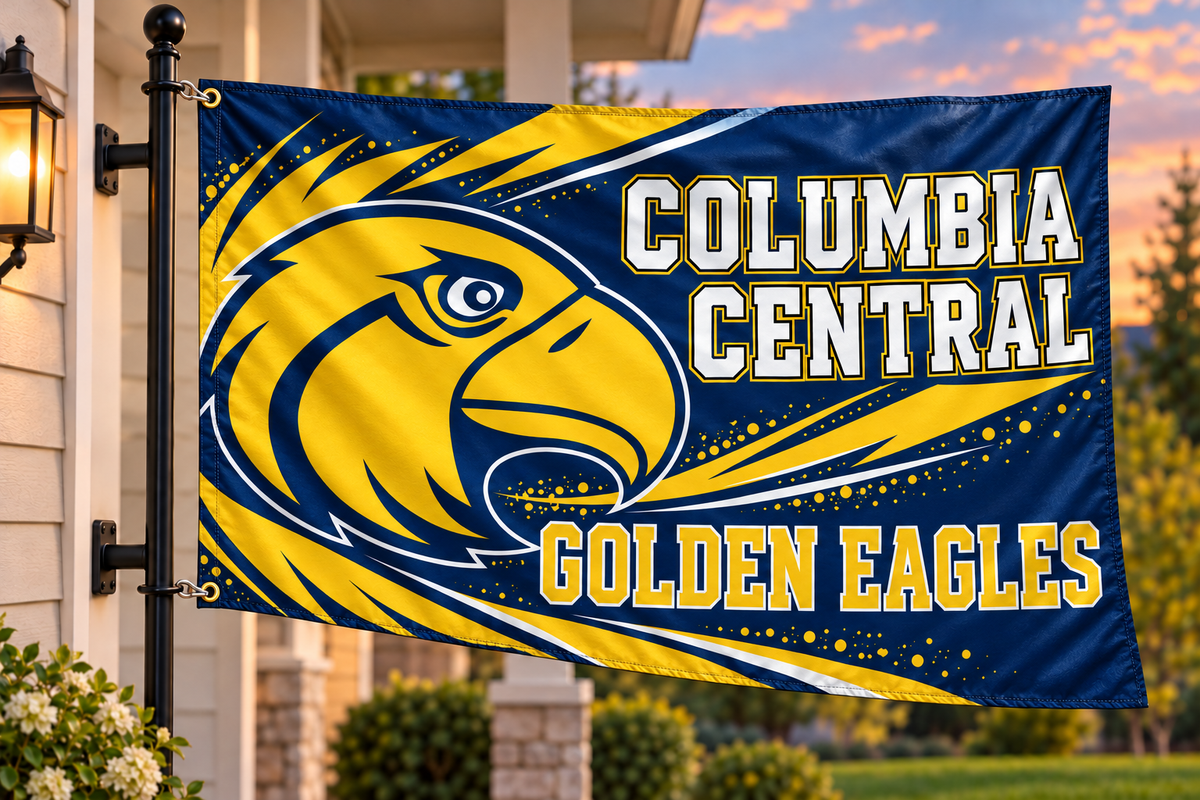 Columbia Central Golden Eagles flag with both left grommets clipped directly to the house-mounted pole