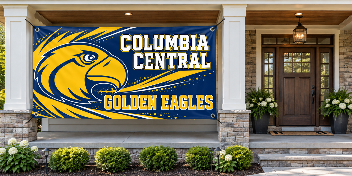 Columbia Central Golden Eagles 4 by 8 foot banner tied through all four corner grommets beside an open entrance