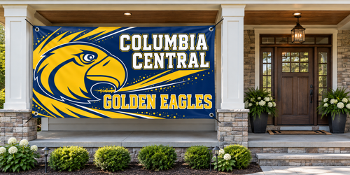 Columbia Central Golden Eagles 4 by 8 foot banner tied through all four corner grommets beside an open entrance
