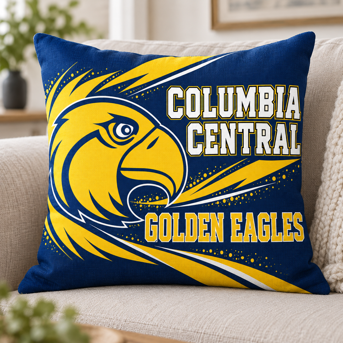 Columbia Central Golden Eagles square pillow cover mockup shown on an insert; insert not included