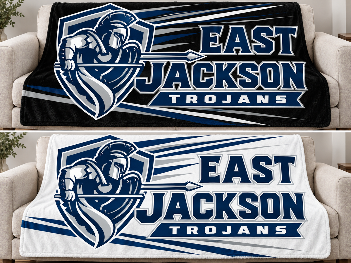East Jackson Trojans 79 by 59 inch blanket mockups, black design above and white design below; choose one design