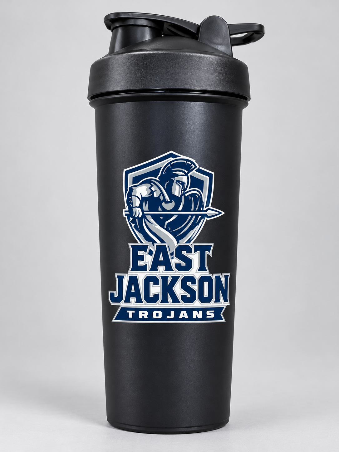 East Jackson Trojans black shaker cup mockup; listing is a bulk pack of 120 matching cups