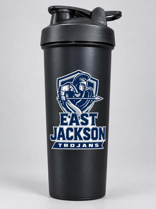 East Jackson Trojans black shaker cup mockup; listing is a bulk pack of 120 matching cups