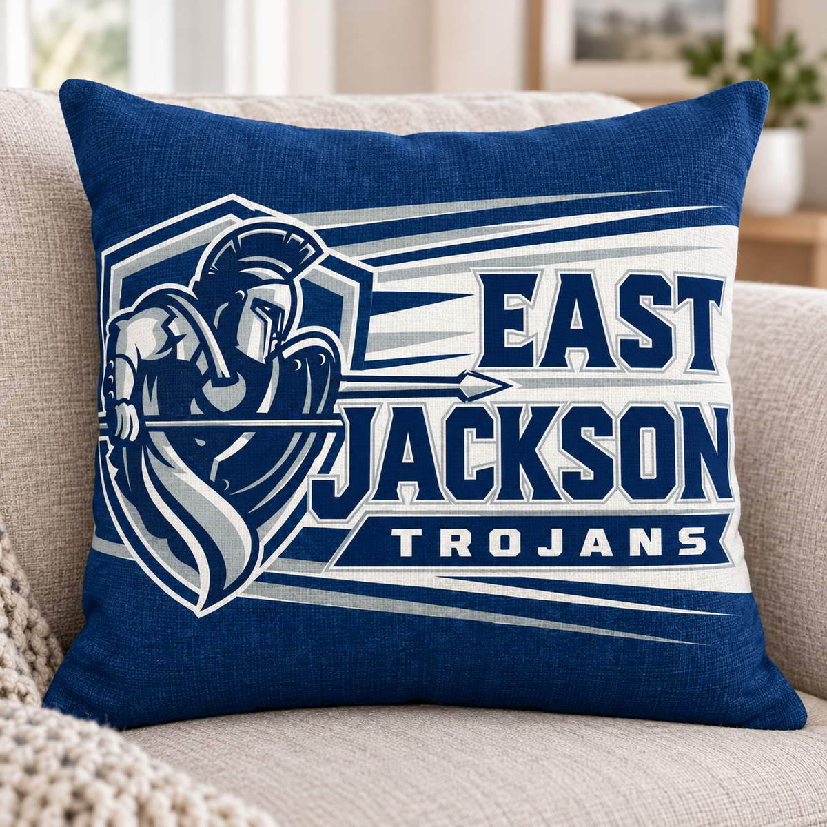East Jackson Trojans square pillow cover mockup shown on an insert; insert not included
