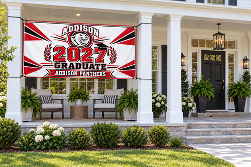 Addison Panthers 2027 Graduate classic design 4 by 8 foot banner styled mockup; display hardware not included